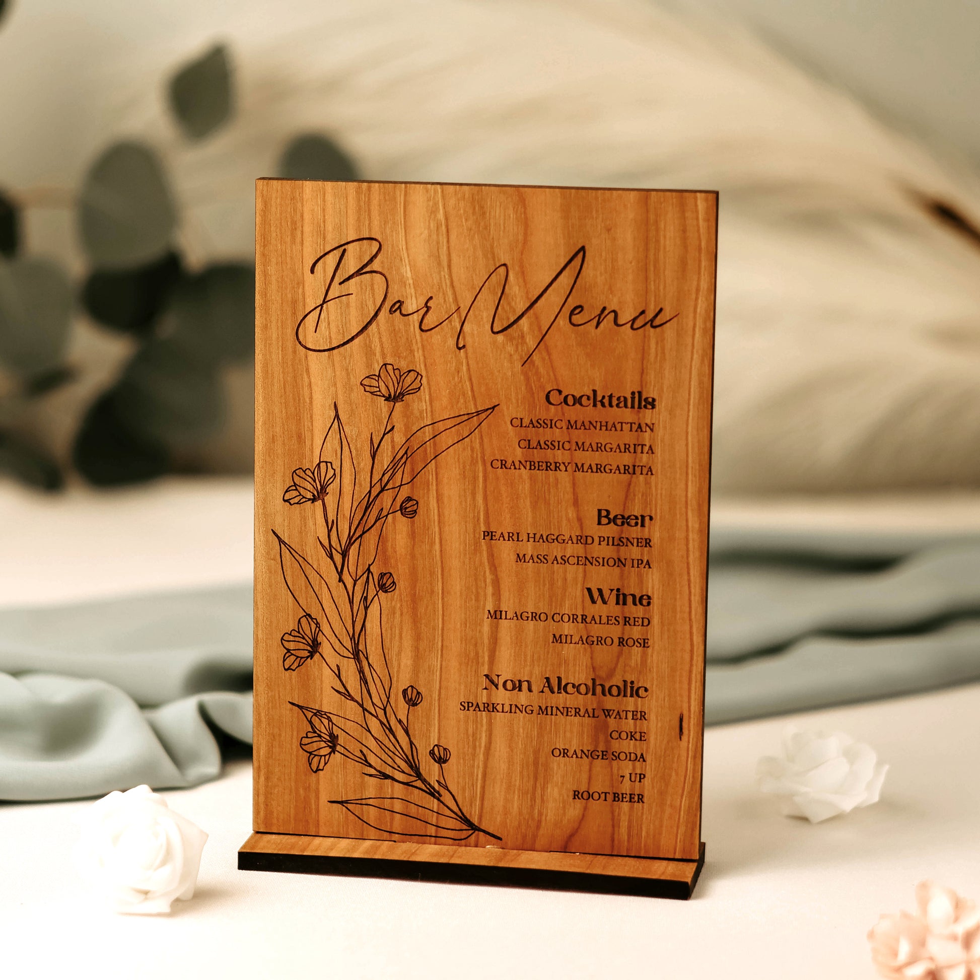 Image of wedding bar menu tabletop sign. Customize with your own menu items.