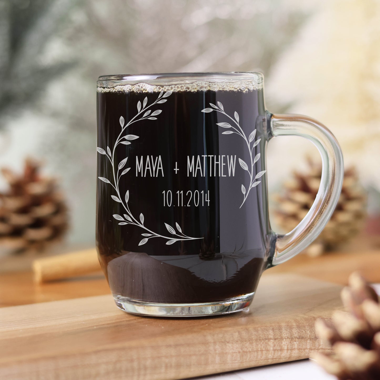 Personalized Etched 10 oz Glass Mug with Couple's Names and Wedding Date and Floral Wreath