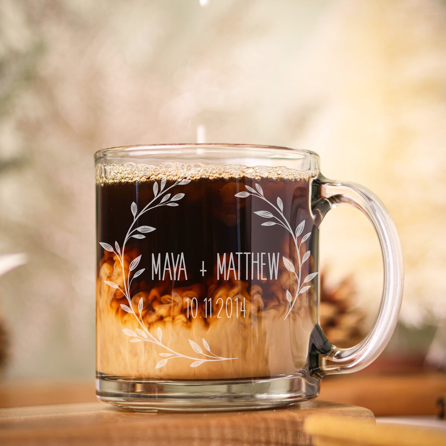 Personalized Etched 13 oz Glass Mug with Couple's Names and Wedding Date and Floral Wreath