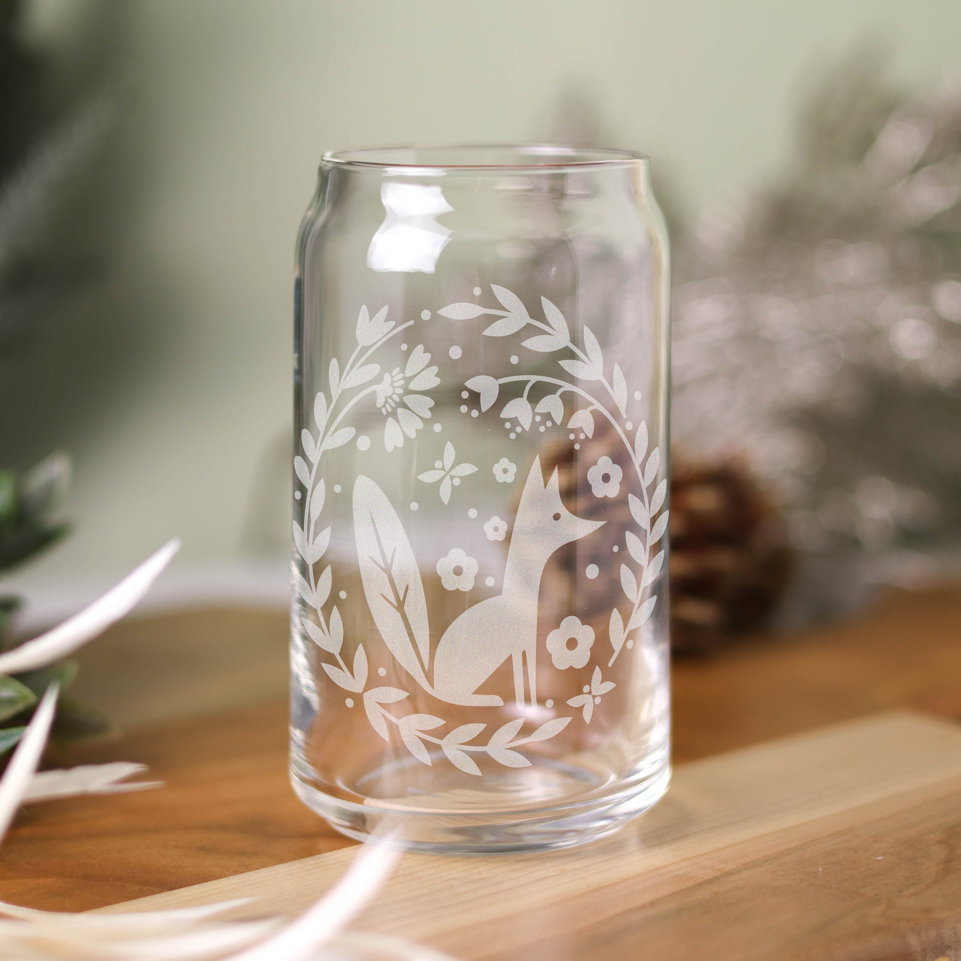 16 oz can glass with Scandinavian design featuring a fox and florals