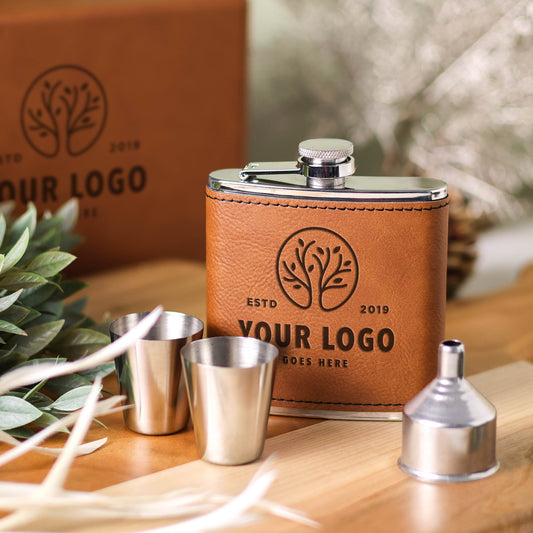 Custom Logo engraved rawhide Leatherette flask Set with two stainless steel shot glasses and funnel. Engraved with the words "your logo here".