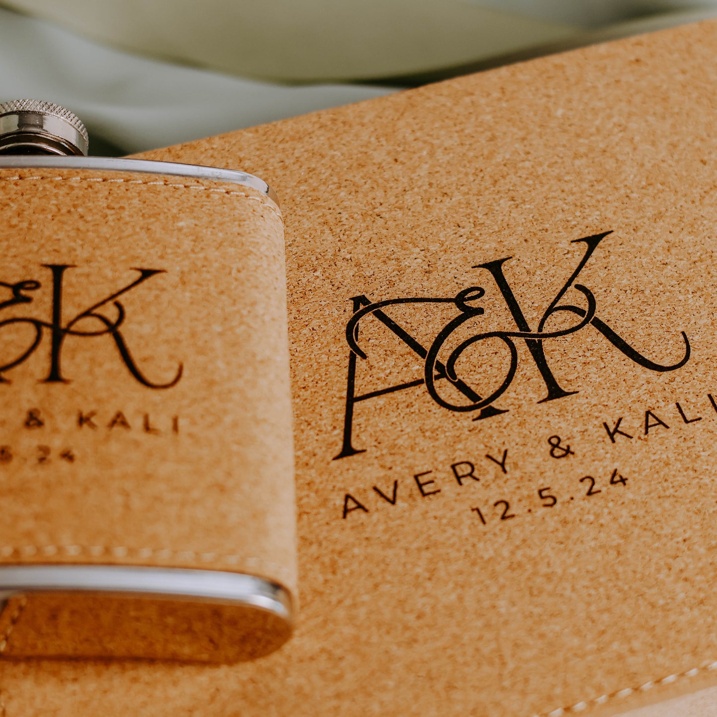 Wedding Monogram Engraved leatherette Flask Set