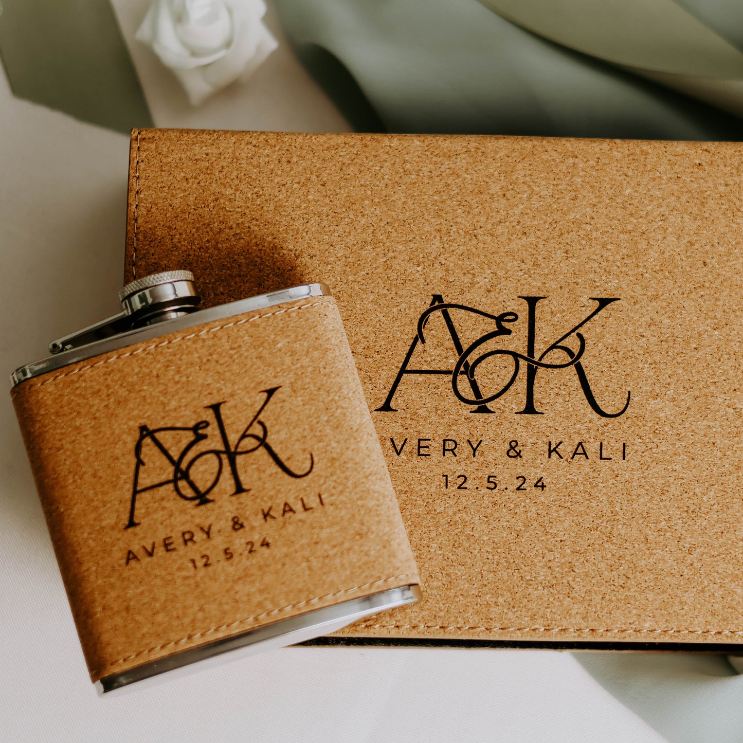 Wedding Monogram Engraved leatherette Flask Set