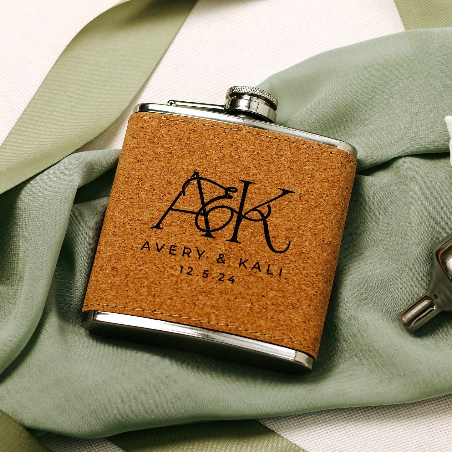 Wedding Monogram Engraved leatherette Flask Set