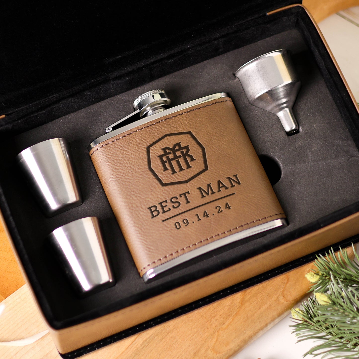 Engraved Groomsman/Bridesmaid leatherette Flask Set