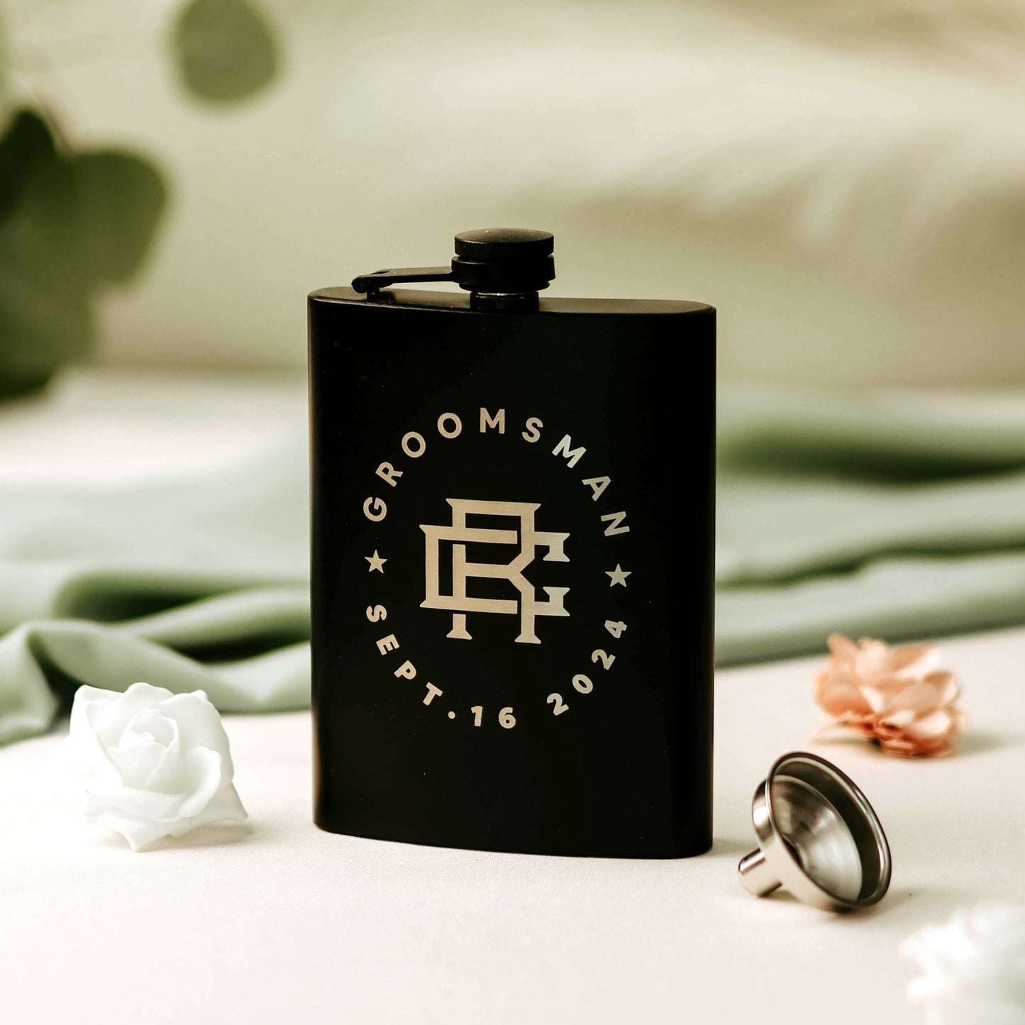 Black engraved 8oz flask with groomsman, initials, and wedding date.