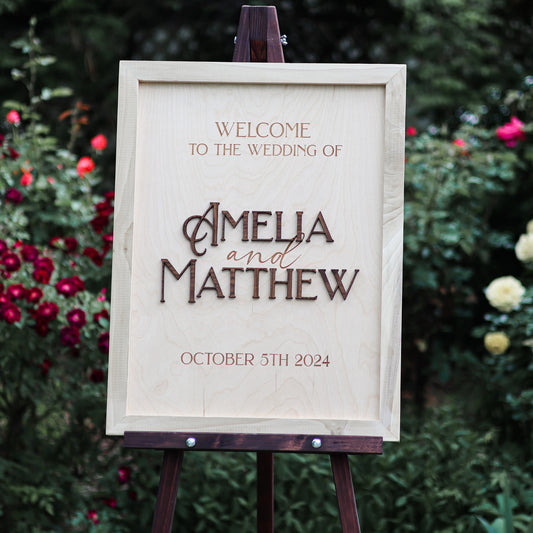 Custom Rustic Wedding Sign with Walnut Lettering - Personalized Birch Backer and Poplar Frame