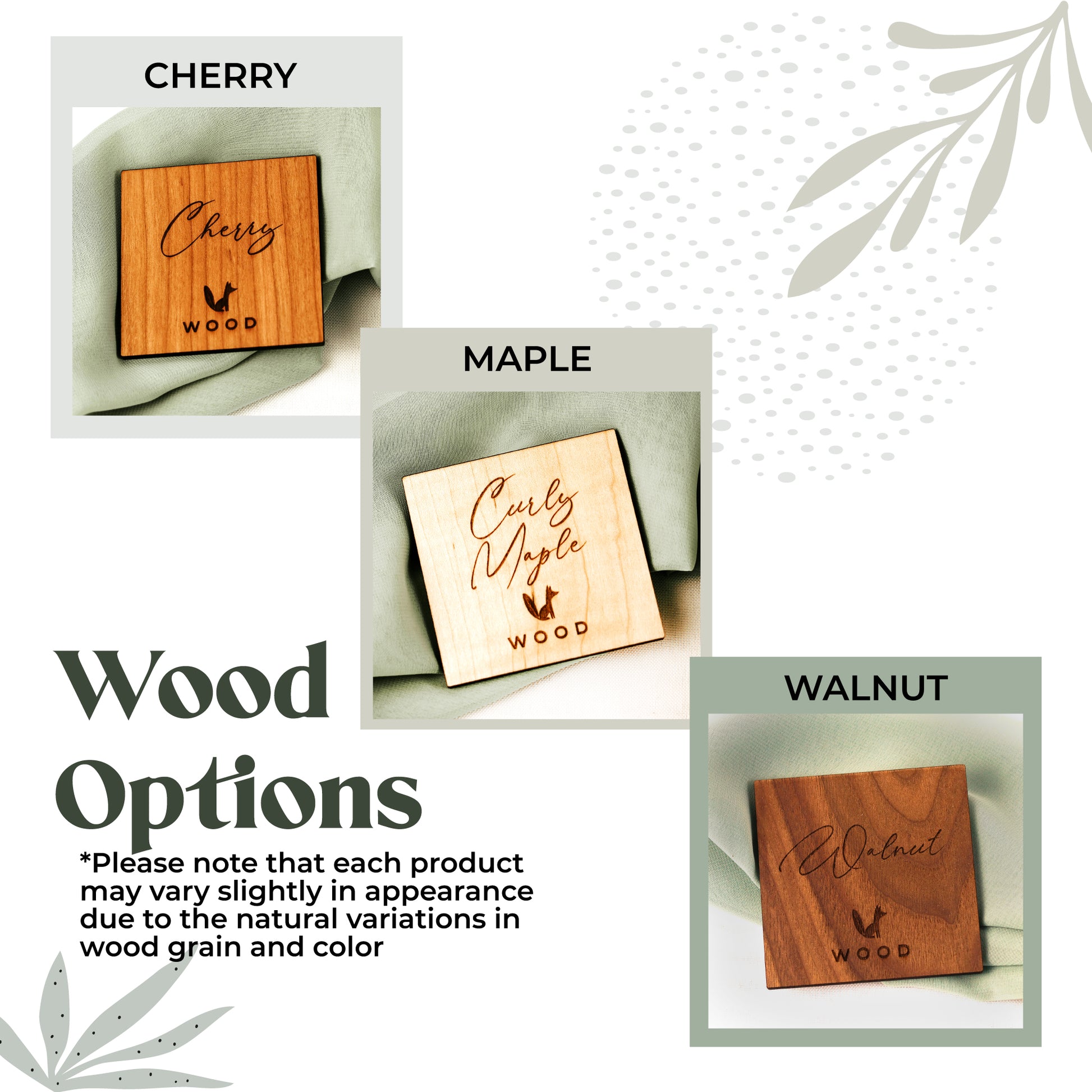 Image showing the different wood options walnut, Maple, and cherry wood