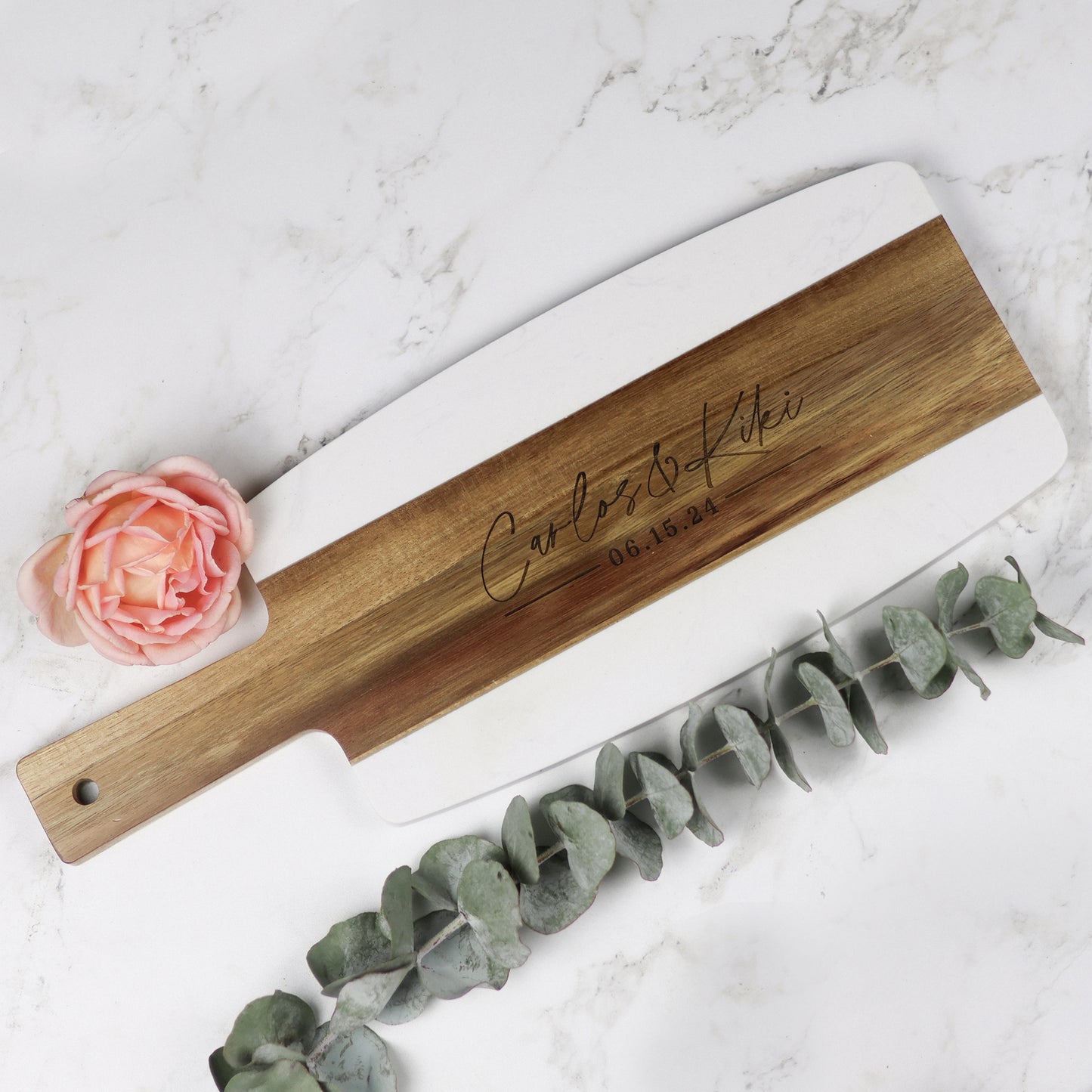 Engraved Wedding Anniversary Serving Board - Acacia Wood and Marble